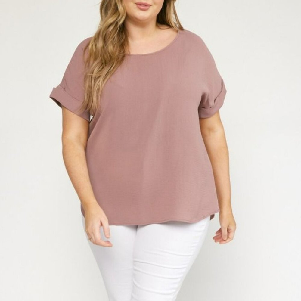 NWT Entro Scoop-Neck Top Featuring Permanent Rolled Sleeve Detail In Mocha Plus